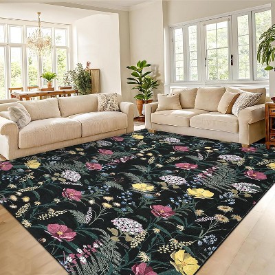 Farmhouse Floral Area Rug - Large Thin Indoor Carpet for Bedroom, Kitchen, Office