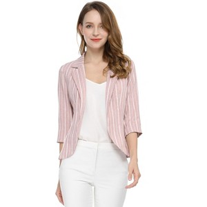 Allegra K Women's Striped 3/4 Sleeves Open Front Casual Notched Lapel Blazer - 1 of 4