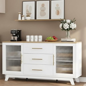 Coucheta 56" Sideboard Buffet Cabinet with Fluted Glass Doors, 3 Drawers & Adjustable Shelves, Coffee Bar Cabinet for Kitchen, Dining & Living Room - 1 of 4