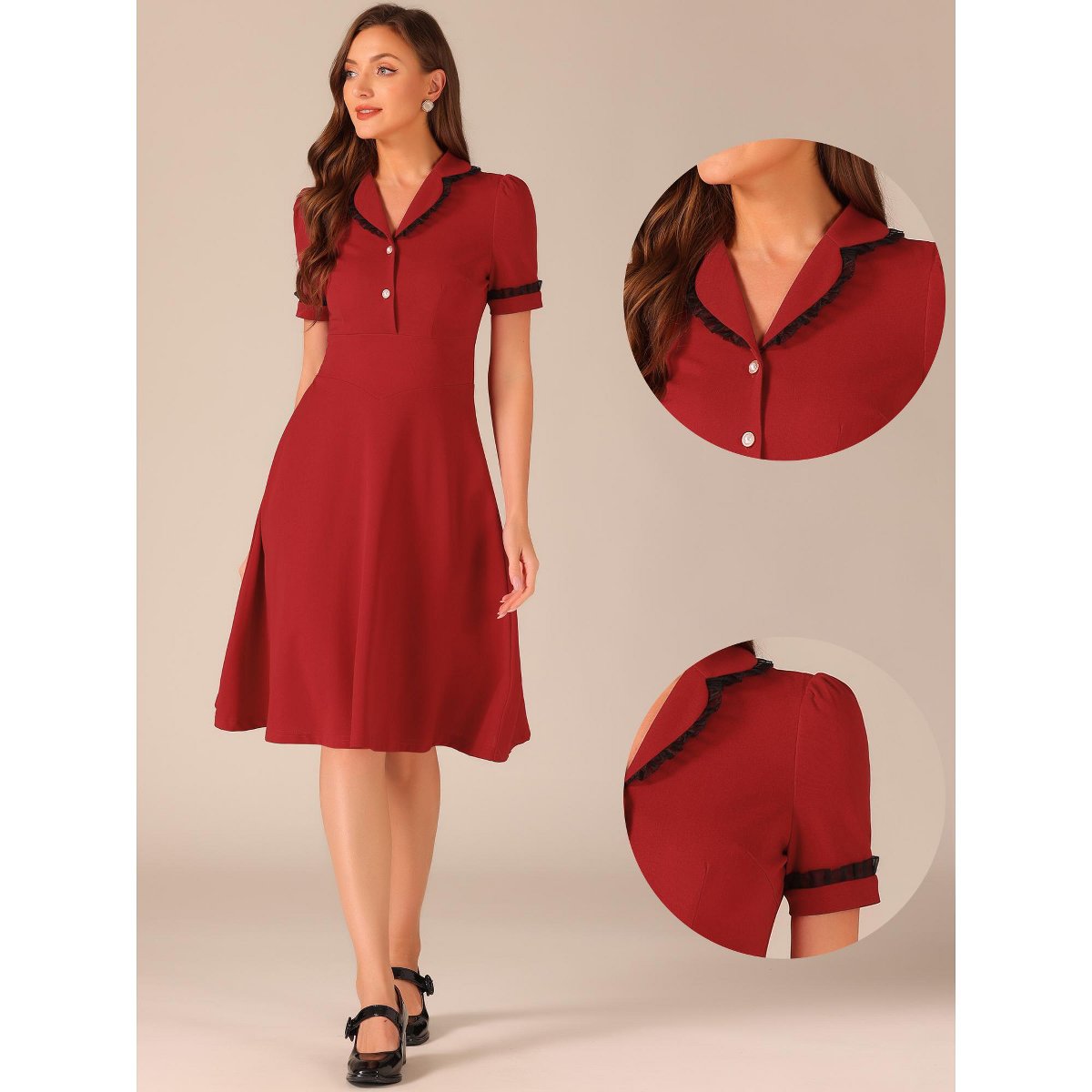 Женские платья INSPIRE CHIC Women's Elegant Ruffled Peter Pan Collar Dresses Large Red — фото 2