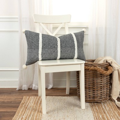 Black and White Cotton Lumbar Throw Pillow with Tassels