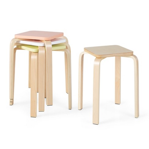 Costway Set Of 4 Colorful Square Stools Stackable Wood Stools With