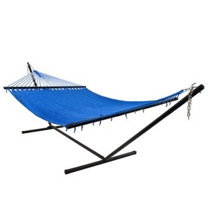 Sunnydaze Outdoor 2-Person Double Polyester Rope Hammock with Wood Spreader Bar and 15ft Black Steel Stand - 1 of 4