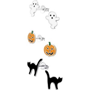 925 Sterling Silver Halloween Stud Earrings Set - 3 Pairs Nickel Free Ghost, Black Cat & Pumpkin Jewelry for Women - 1 of 4
