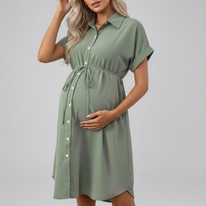 Anna-Kaci Women's Maternity Button Down Shirt Dress with Adjustable Tie Waist Collared Midi Dress, Small 4-6 / Green