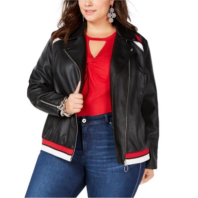 I.N.C International Concepts Womens Varsity Stripe Motorcycle Jacket, Black, 1X
