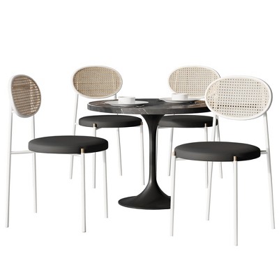 LeisureMod 5-PC Dining Set - 36" Round Dining Table Sintered Stone Top & Black Pedestal, 4 Velvet Dining Chairs in White Steel Legs