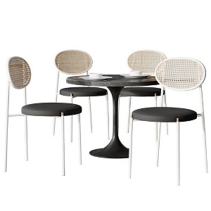 LeisureMod 5-PC Dining Set - 36" Round Dining Table Sintered Stone Top & Black Pedestal, 4 Velvet Dining Chairs in White Steel Legs - 1 of 4