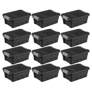 Sterilite 4 Gallon Stackable Rugged Industrial Storage Tote Containers with Latching Clip Lids for Garage, Attic, or Worksite Storage, Black