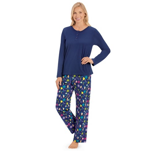 Collections Etc 2pc. Festive Ornaments Pants Pajama Set with Henley Neckline Long-Sleeve Top Large Navy Female - image 1 of 4