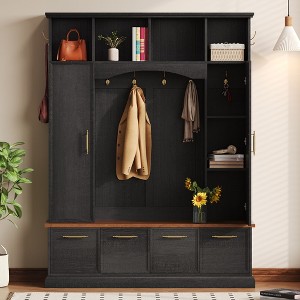 PAGED Wood Hall Tree with 5 Hooks, Farmhouse Coat Rack with Shoe Bench and Storage Shelves, Entryway Shoe Storage for Mudroom, Living Room - 1 of 4