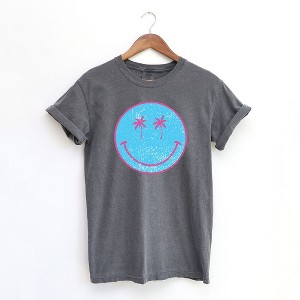 Simply Sage Market Women's Blue Smiley Palm Trees Short Sleeve Garment Dyed Tee - XL - Pepper - 1 of 2