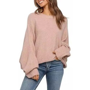 Coolmee Women's Oversized Crewneck Sweater Batwing Puff Long Sleeve Cable Slouchy Pullover Jumper Tops - 1 of 2