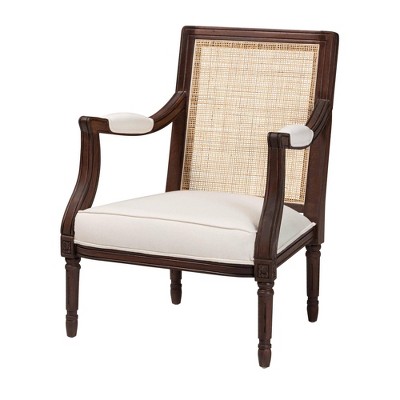 Traditional French Dark Brown Wood and Beige Fabric Accent Chair