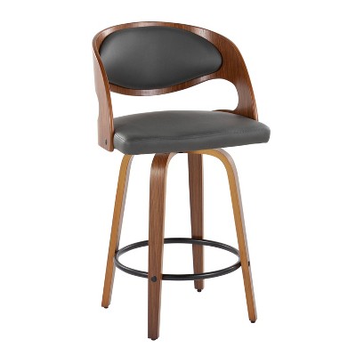 Walnut and Gray Faux Leather Swivel Counter Stools, Set of 2
