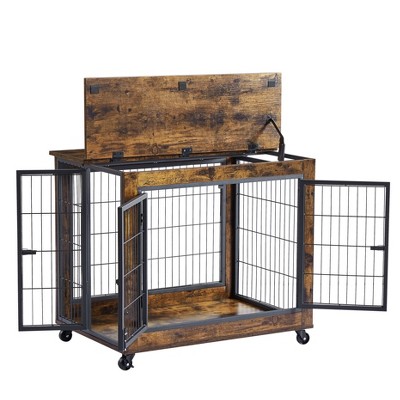 NicBex 31.5Inch Dog Crate Furniture with Flip-up Top Wooden Dog Crate Table with 2 Iron Doors and Wheels,Heavy Duty Indoor Puppy Kennel,Brown