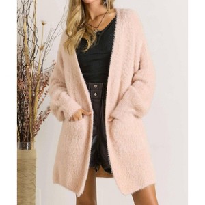 Women's Curvy Fuzzy Solid Open Cardigan - ADORA - 1 of 4