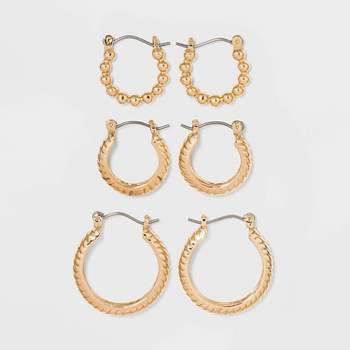 Multi Textured Hoop Trio Earring Set 3pc - A New Day™ Gold