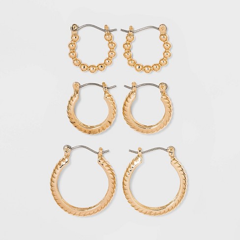 Multi Textured Hoop Trio Earring Set 3pc - A New Day™ Gold : Target