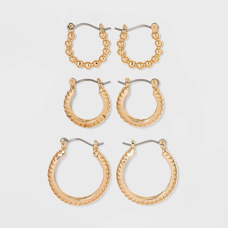 Multi Textured Hoop Trio Earring Set 3pc - A New Day&#8482; Gold, 1 of 4
