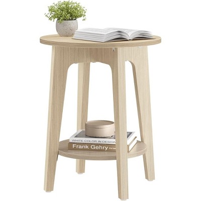 Simple Trending Small Round End Table with Lower Shelf Natural Beige