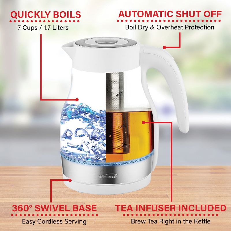 Brentwood 1.79-Qt. 1,100-Watt Cordless Glass Electric Kettle with Tea Infuser and Swivel Base, 3 of 10