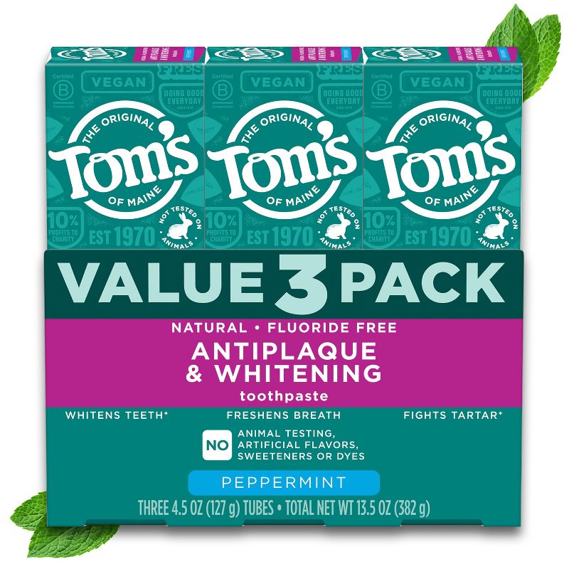 Tom&#39;s of Maine Antiplaque and Whitening Natural Toothpaste - Peppermint - 4.5oz/3pk, 1 of 7