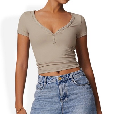 Anna-Kaci Women's Short Sleeve V-Neck Top with Grommet Details and Slim Fit