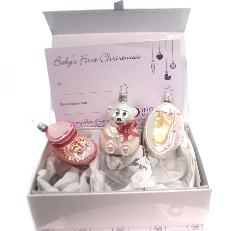 Inge Glas 3.5 Inch It's A Girl Gift Box Set Of 3 Bootie Teddy Bear Footprint Tree Ornaments, 2 of 4