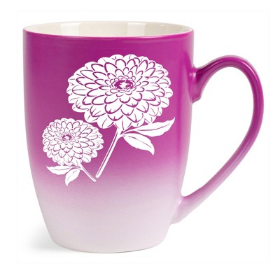 Elanze Designs Botanical Floral Nature Coffee Cup Mug 12 Ounce Ceramic With Ombre Gradient Elegant Minimalist Zinnia Flower Silhouette Pink and White