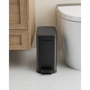 Slim 2.6 Gallon Bathroom Trash Can - Stainless Steel Garbage Bin with Soft-Close Lid & Foot Pedal, Space-Saving Design - 1 of 4