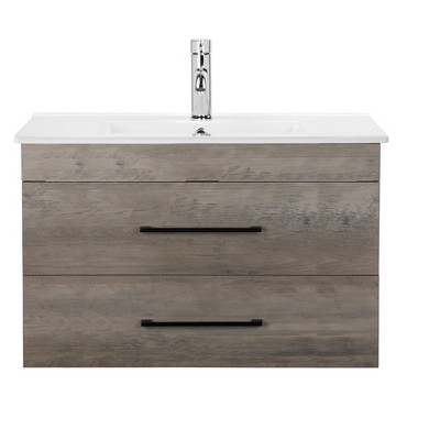 Chery Life 31.5'' W Gray Wood Grain Wall-Mounted Bathroom Vanity with 2 Drawers, Soft-Close System,White Ceramic Sink, Black Aluminum Frame Mirror