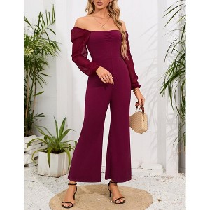Women's High Waist Wide Leg Jumpsuit Square Neck Off Shoulder Lantern Long Sleeve Romper Outfits - 1 of 4
