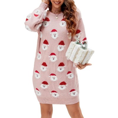 BLUEMING Women's Santa Head Knit Dress Long Sleeve Knee-Length Fur-Trimmed Hem Holiday Party Sweater Dress