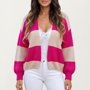 Anna-Kaci Women's Bold Stripe Knit Cardigan with Ribbed Hem and Balloon Sleeves - 1 of 4