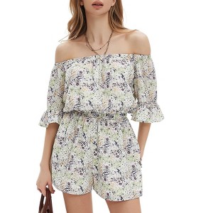 EXLURA Women's Summer Floral Romper Dress Off Shoulder Ruffle Elastic Wasit Wide Leg Shorts Jumpsuit Vacation Beach 2025 - 1 of 4