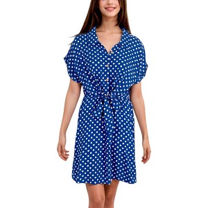 Anna-Kaci Women's Casual Dress Short Sleeves Button Up Polka Dot Printed Tie Waist Mini Dresses- Small ,Blue - 1 of 4