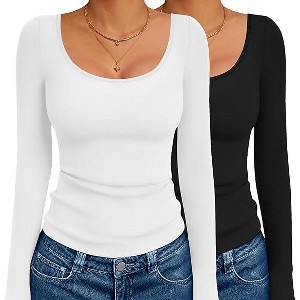 Ekouaer 2 Pack Long Sleeve Shirts for Womens Scoop Neck Tops Slim Fit Undershirts Basic Thermal Tee Shirt - 1 of 4