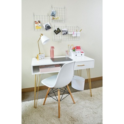 White and Gold Hairpin Leg Desk with Drawer