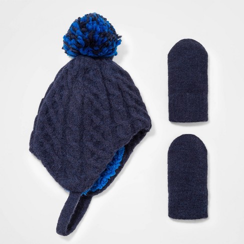 Baby Boys Cable Knit Beanie With Magic Mittens Cat Jack Navy Target