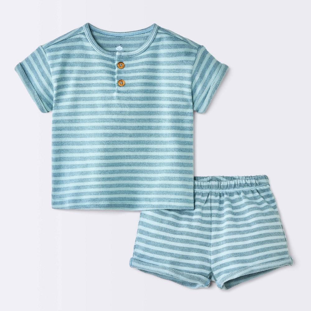Baby Boys' 2pc Striped Henley T-Shirt and Shorts Set - Cloud Island™ Light Blue 6-9M