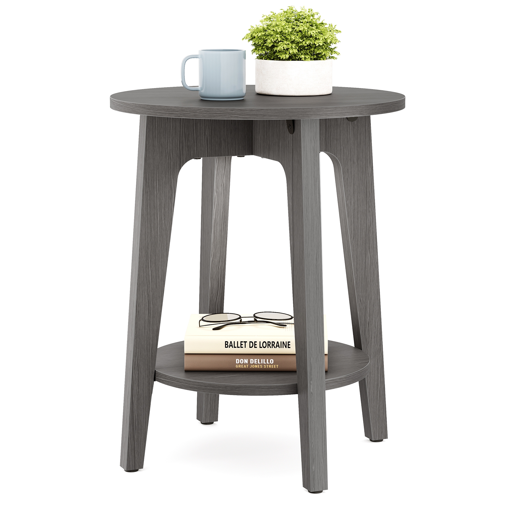 Round Side Table with Lower Shelf, End Table for Small Spaces, Nightstand for Living Room, Bedroom Smoky Gray