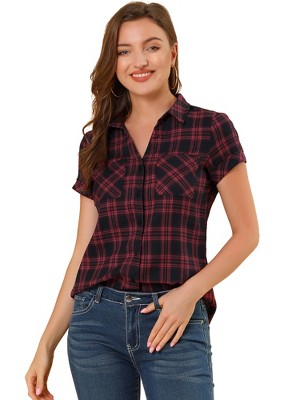 INSPIRE CHIC Women's Classic Short Sleeve Button Down Plaid Shirt
