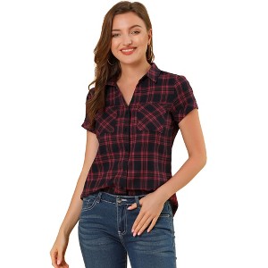 INSPIRE CHIC Women's Classic Short Sleeve Button Down Plaid Shirt - 1 of 4
