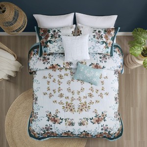 5 Pcs Shabby Chic Floral Print Cotton Comforter Set, All Season Elegant Home Textile fits Lux Bedroom Decor - 1 of 4