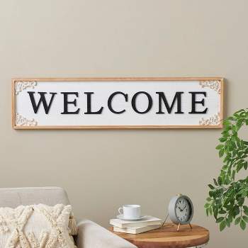 Olivia & May 11"x46" Wooden Sign Welcome Wall Decor with Scroll Details White