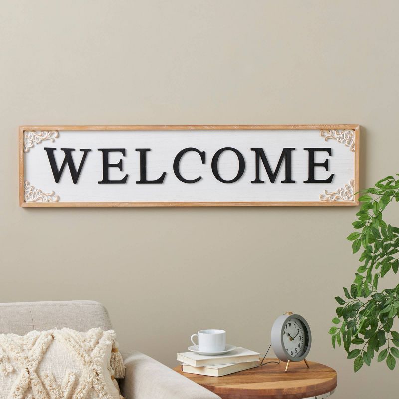 Olivia &#38; May 11&#34;x46&#34; Wooden Sign Welcome Wall Decor with Scroll Details White, 1 of 7