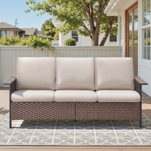 Belord Outdoor Couch Wicker Patio Sofa, All Weather Brown Wicker Rattan 3 Seater Sofa High Back Couch with Deep Seating for Porch Deck - 1 of 4
