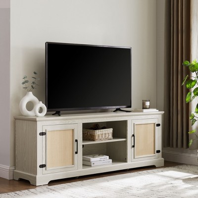 NicBex TV Stand for 70 Inch TV with 2 Natural Rattan Cabinets,TV Entertanment Center with 2 Storage Shelves,TV Console Table for Living Room,White