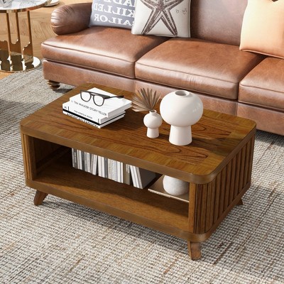 VYNXARIA 25inch Rectangular Farmhouse End Table with Storage Shelf,Sofa Side Table with Solid Wood Legs for Living Room, Bedroom